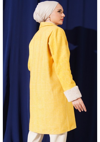 Kadın BDART Şal Yaka Kaşmir-Akrilik Herringbone Desenli Kaban Limon Sarısı indirimleri
