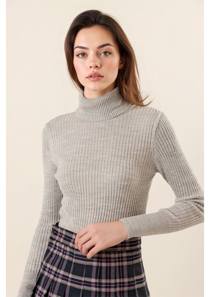 Kadın BDART Dokulu Yüksek Yaka Dar Triko Gri