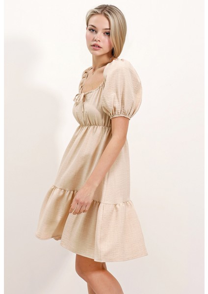 Kadın BDART Kemerli Kısa Mini Elbise ile Kare Yaka Krem Doğal fiyatları