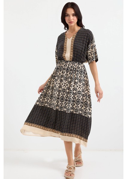 Kadın BDART V Yaka Astarlı Desenli Midi Elbise Black fiyatları