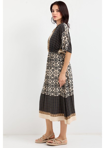 Kadın BDART V Yaka Astarlı Desenli Midi Elbise Black fırsatları