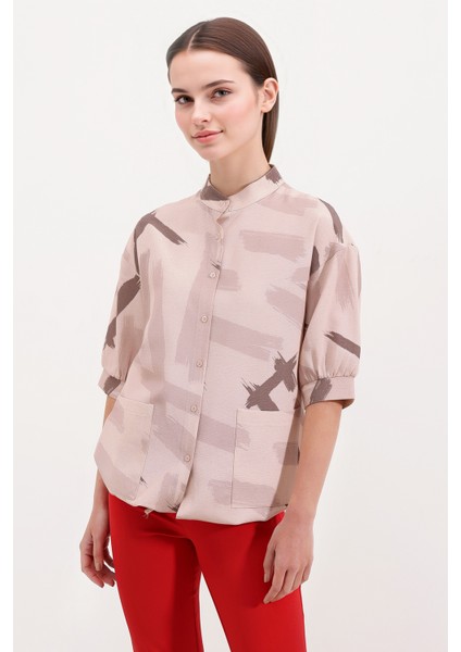 Kadın BDART Cep Detaylı, Abstrakt Desenli Rahat Kesim Gömlek Bej Doğal fiyatları