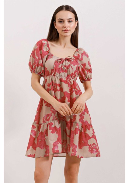 Kadın BDART Kemerli Kısa Mini Elbise ile Kare Yaka Pembe