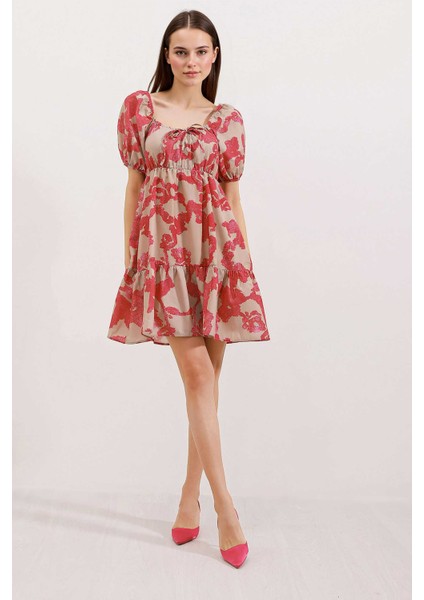 Kadın BDART Kemerli Kısa Mini Elbise ile Kare Yaka Pembe fiyatları