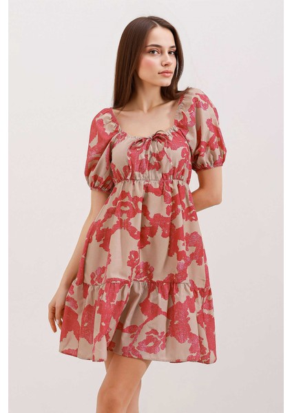 Kadın BDART Kemerli Kısa Mini Elbise ile Kare Yaka Pembe modelleri