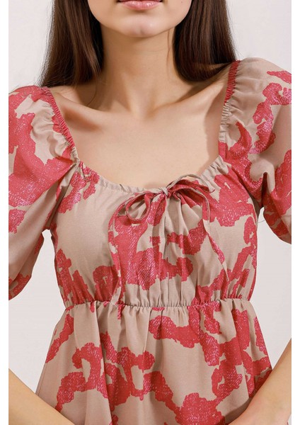 Kadın BDART Kemerli Kısa Mini Elbise ile Kare Yaka Pembe fırsatları