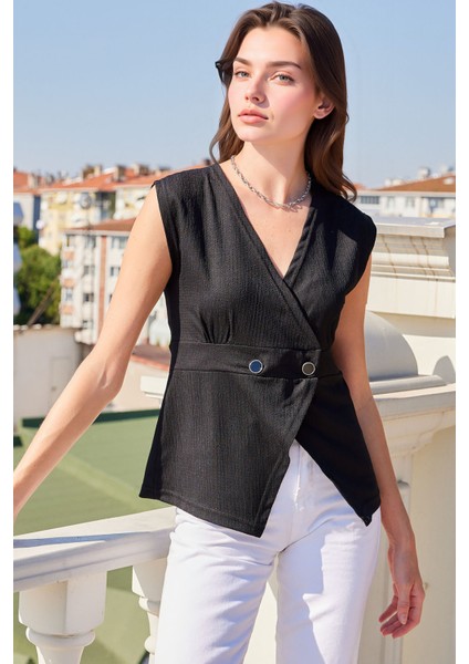 Kadın BDART Dokulu V Yaka Fitilli Yelek Black