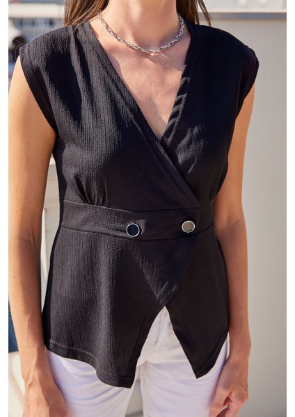 Kadın BDART Dokulu V Yaka Fitilli Yelek Black fırsatları