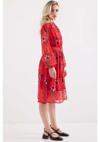 Kadın BDART Çiçek Desenli Midi Elbise ile Çekmeli Kırmızı modelleri