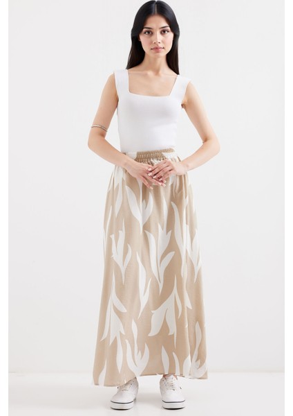 Kadın BDART Lastik Bel Detaylı Desenli Maxi Etek Natural