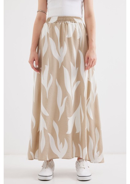 Kadın BDART Lastik Bel Detaylı Desenli Maxi Etek Natural fiyatları