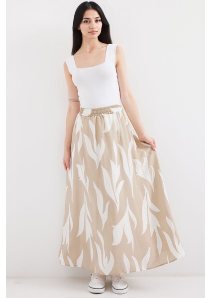 Kadın BDART Lastik Bel Detaylı Desenli Maxi Etek Natural modelleri