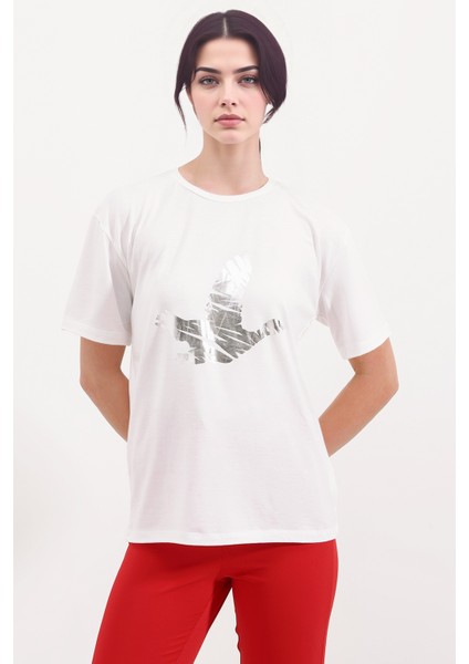 Kadın BDART Baskılı Yuvarlak Yaka Kısa Kollu T-Shirt Gümüş Gri modelleri