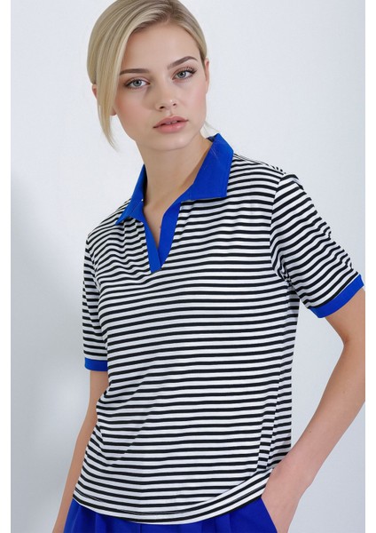 Kadın BDART Kısa Kollu Çizgili Polo Tişört Blue