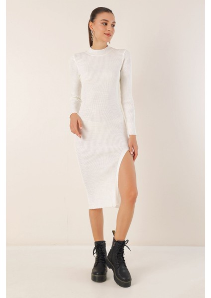 Kadın BDART Doku Desenli Yuvarlak Yaka Triko Elbise Beyaz