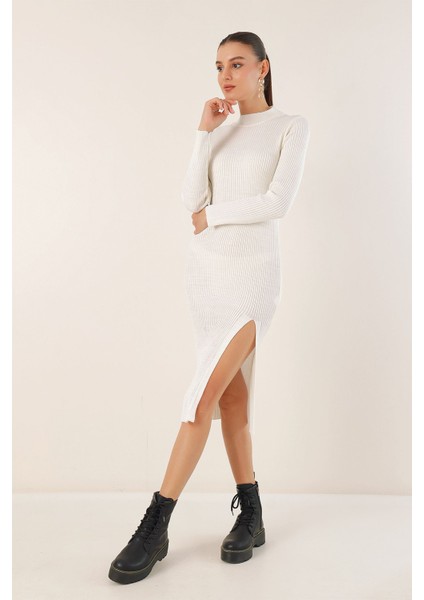 Kadın BDART Doku Desenli Yuvarlak Yaka Triko Elbise Beyaz modelleri