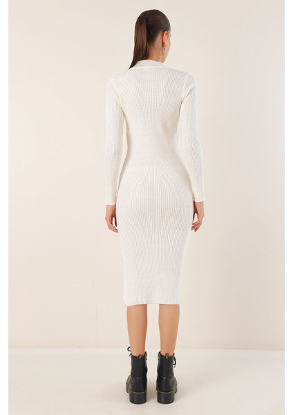 Kadın BDART Doku Desenli Yuvarlak Yaka Triko Elbise Beyaz