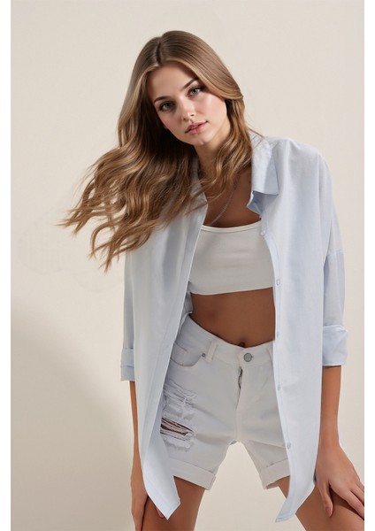 Kadın BDART Büyük Beden Düğmeli Uzun Kol Gömlek Mavi fiyatları