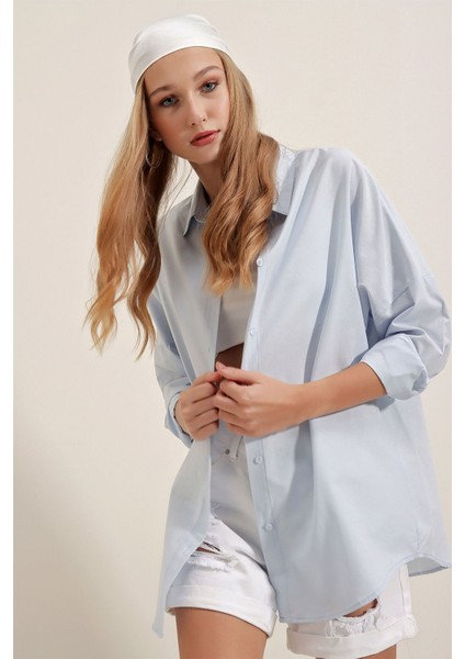 Kadın BDART Büyük Beden Düğmeli Uzun Kol Gömlek Mavi modelleri