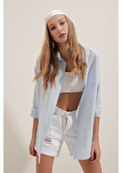 Kadın BDART Büyük Beden Düğmeli Uzun Kol Gömlek Mavi indirimleri