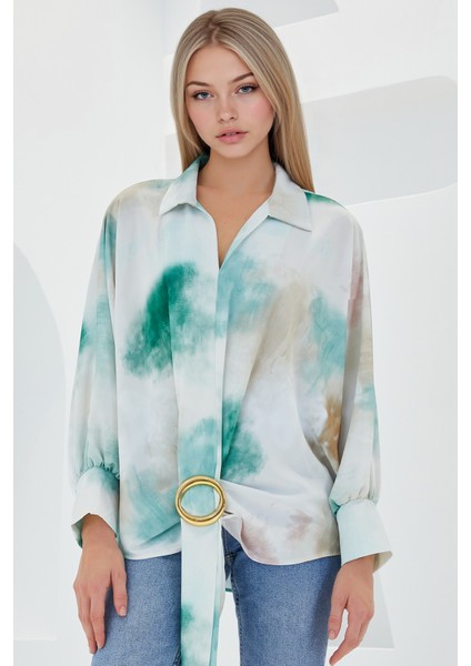 Kadın BDART Fiyonk Detaylı Oversize Desenli Krep Gömlek Green