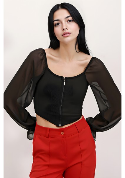 Kadın BDART Kare Yaka, Sıfırlı Kısa Bluz Siyah fiyatları