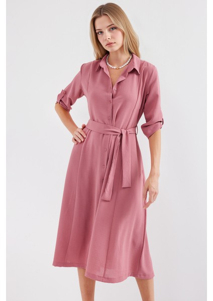 Kadın BDART Gömlek Yaka ve Char Bow ile Dokulu Midi Elbise Tozlu Gül Pembesi modelleri