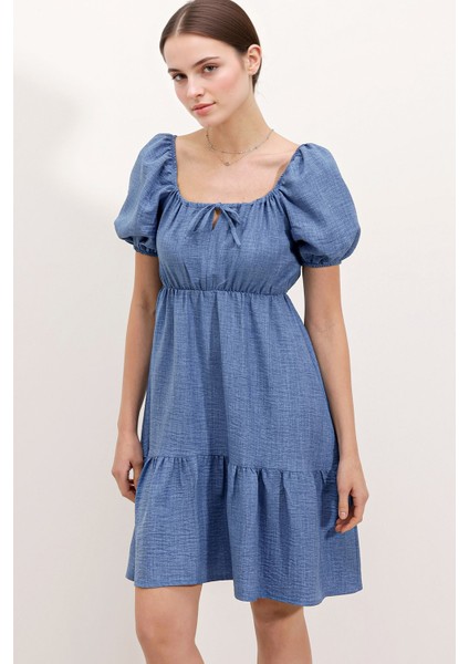 Kadın BDART Kemerli Kısa Mini Elbise ile Kare Yaka Gök Mavisi