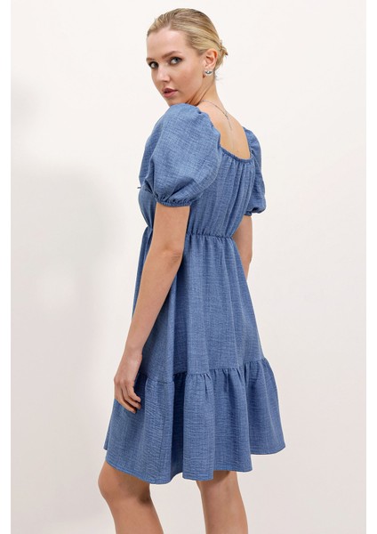 Kadın BDART Kemerli Kısa Mini Elbise ile Kare Yaka Gök Mavisi fırsatları