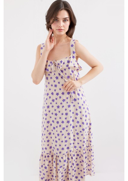 Kadın BDART Kare Yaka ve Volan Detaylı Maxi Elbise Purple fırsatları
