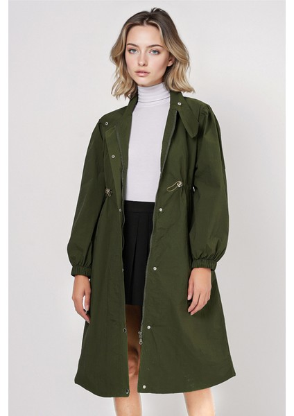 Kadın BDART Uzun Astarlı Trençkot, Düşük Yaka Haki Yeşil