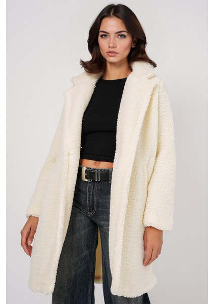 Kadın BDART Şal Yaka Peluş Oversize Sahte Kürk Ceket Fildişi Doğal