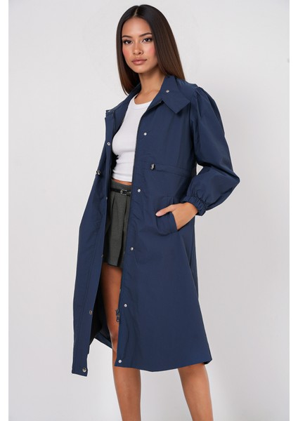 Kadın BDART Uzun Astarlı Trençkot, Düşük Yaka Lacivert modelleri