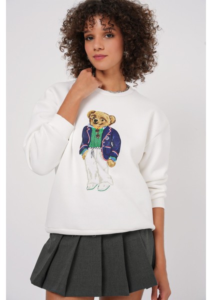 Kadın BDART Oversized Baskılı Düz Crew Neck Sweatshirt, Nakışlı Beyaz modelleri
