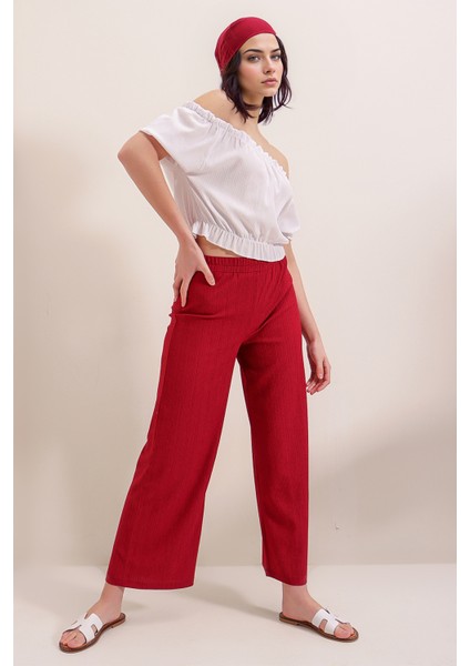 Kadın BDART Dokulu Rahat Fit Örgü Pantolon Kırmızı modelleri
