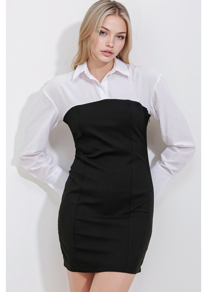 Kadın BDART Gömlek Yaka ve Fiyonk Detaylı Renk Bloklu Mini Elbise Black