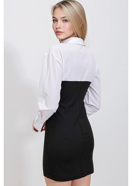 Kadın BDART Gömlek Yaka ve Fiyonk Detaylı Renk Bloklu Mini Elbise Black fırsatları