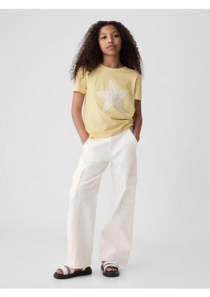 Kız Çocuk Sarı Pullu Sequin Grafikli T-Shirt modelleri
