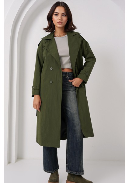 Kadın BDART Çift Düğmeli Uzun Trençkot Haki Yeşil