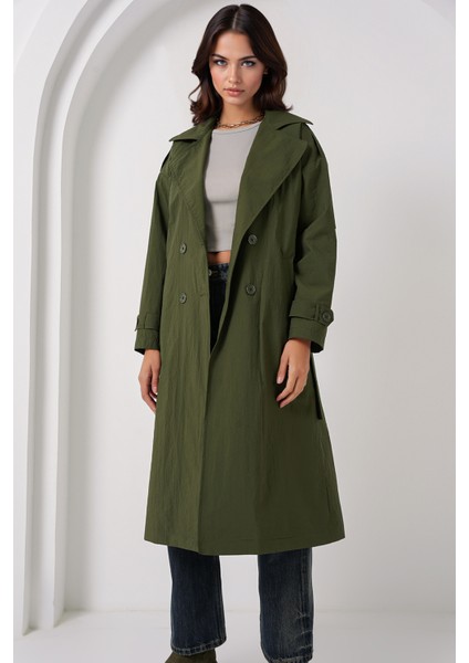 Kadın BDART Çift Düğmeli Uzun Trençkot Haki Yeşil modelleri