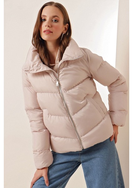 Kadın BDART Kalın Fermuarlı Şişme Ceket Natural