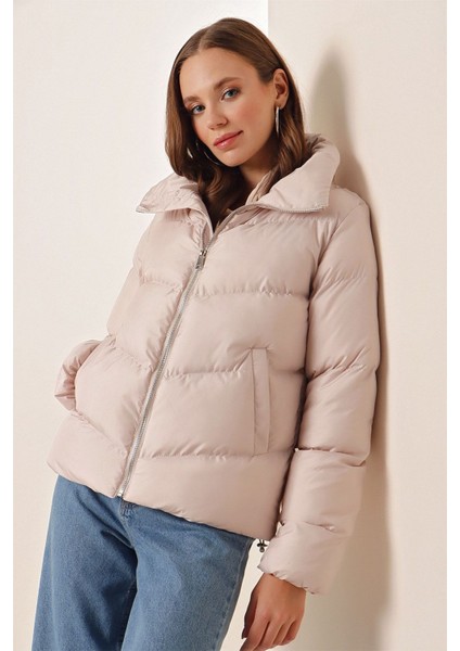 Kadın BDART Kalın Fermuarlı Şişme Ceket Natural