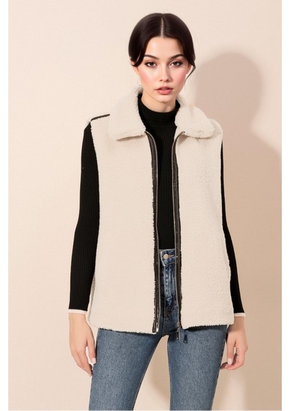 Kadın BDART Suni Kürk Payetli Fermuarlı Yelek White