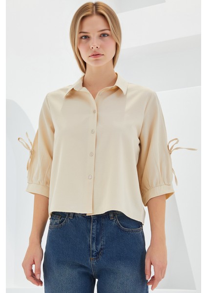 Kadın BDART Fiyonk Detaylı Kısa Gömlek Krem Doğal