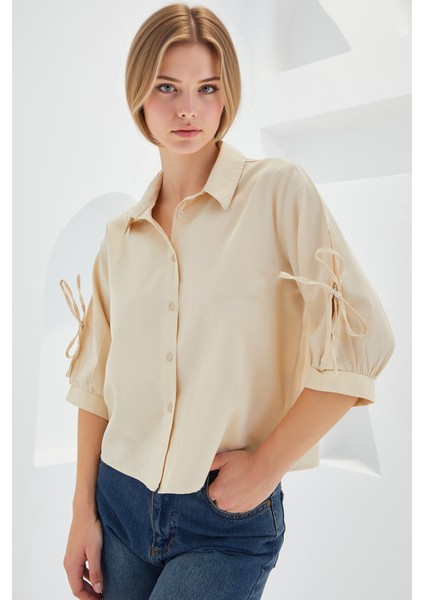 Kadın BDART Fiyonk Detaylı Kısa Gömlek Krem Doğal modelleri