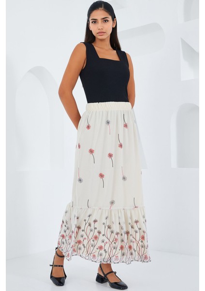 Kadın BDART Çiçek Desenli Maxi Etek Natural