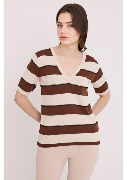 Kadın BDART Çizgili V Yaka Fitilli Bluz Kestane Kahvesi