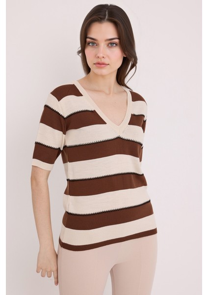 Kadın BDART Çizgili V Yaka Fitilli Bluz Kestane Kahvesi fiyatları
