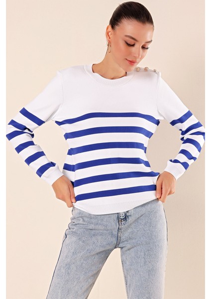 Kadın BDART Çizgili Akrilik Düz Yaka Kazak, Düğme Detayıyla Gök Mavisi