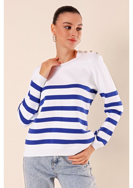 Kadın BDART Çizgili Akrilik Düz Yaka Kazak, Düğme Detayıyla Gök Mavisi fırsatları